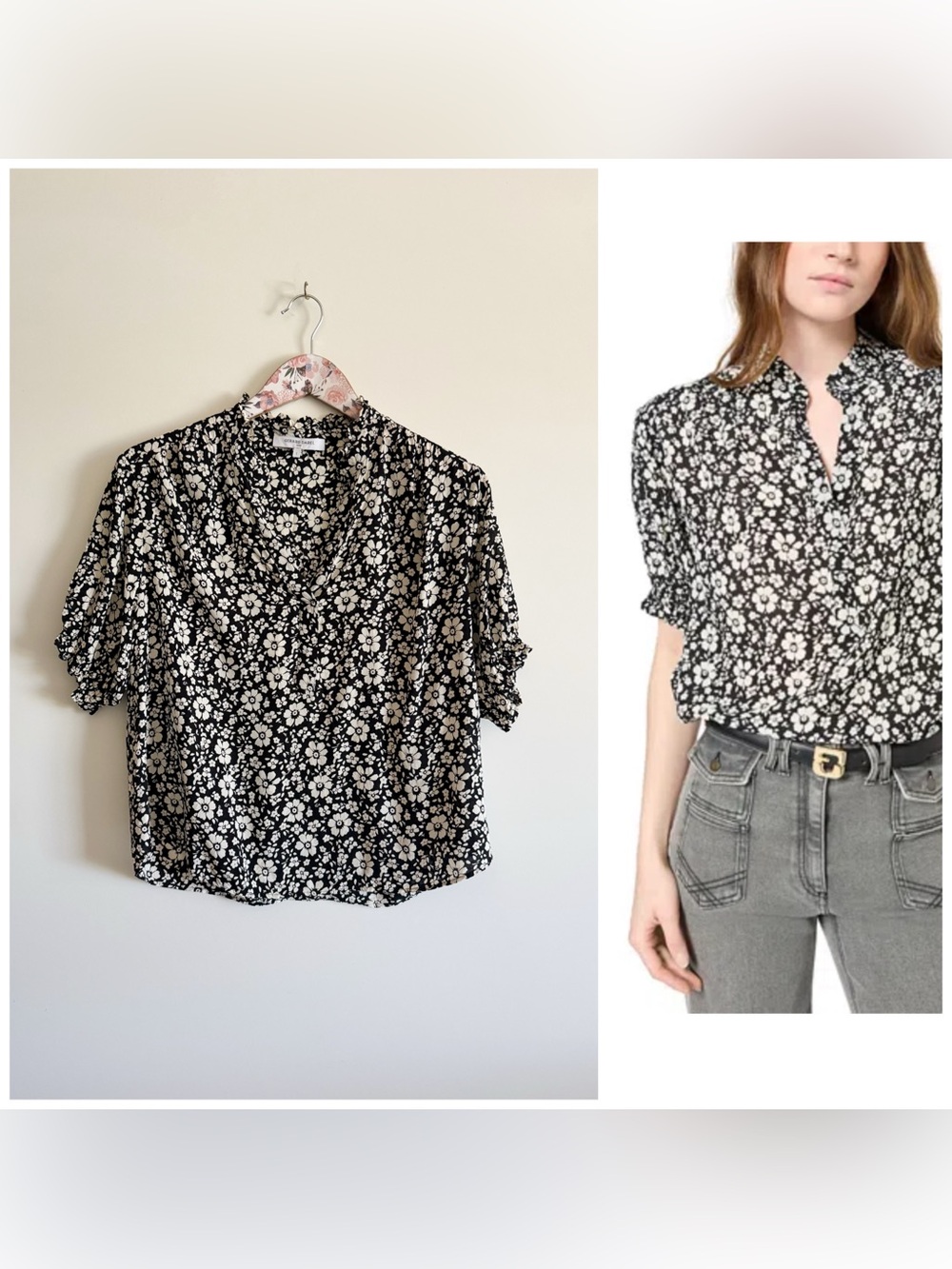 GERARD DAREL Urene Top Black White Floral Puff Sleeve V-Neck S Small Blouse